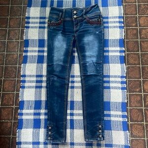 Artka - unique blue jeans - low rise - lots of buttons - embroidery- size 25